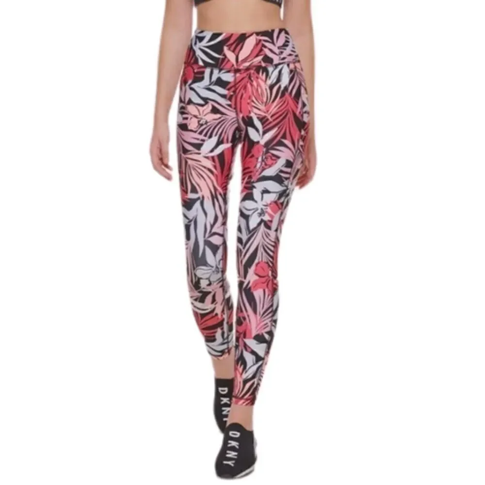MSRP $70 Dkny Printed High-Waist 7/8 Legging Jungle Bloom Bubblegum Pink M